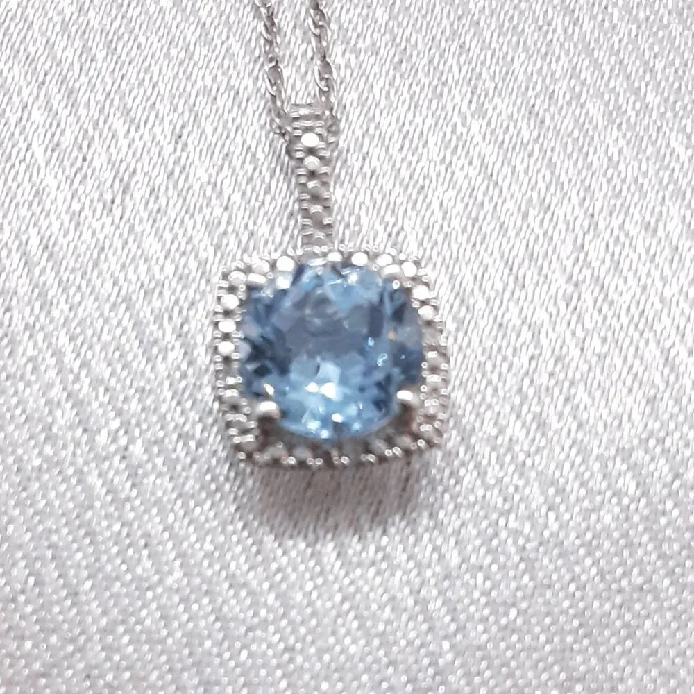 NEW sterling silver blue topaz and cz pendant necklace